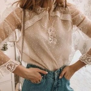 Zara Embroidered Swiss Dot Lace Sheer Blouse